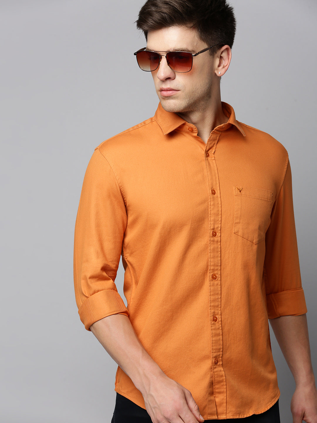 Men Orange Solid Casual Shirt