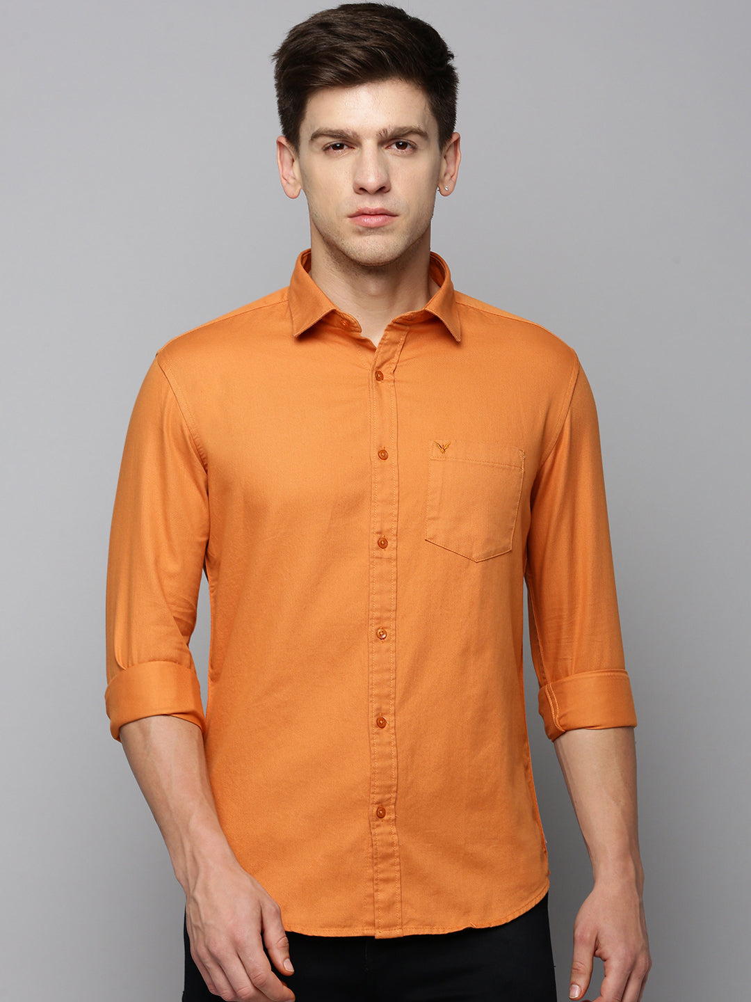 Men Orange Solid Casual Shirt