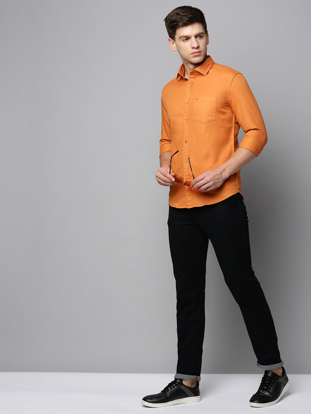 Men Orange Solid Casual Shirt