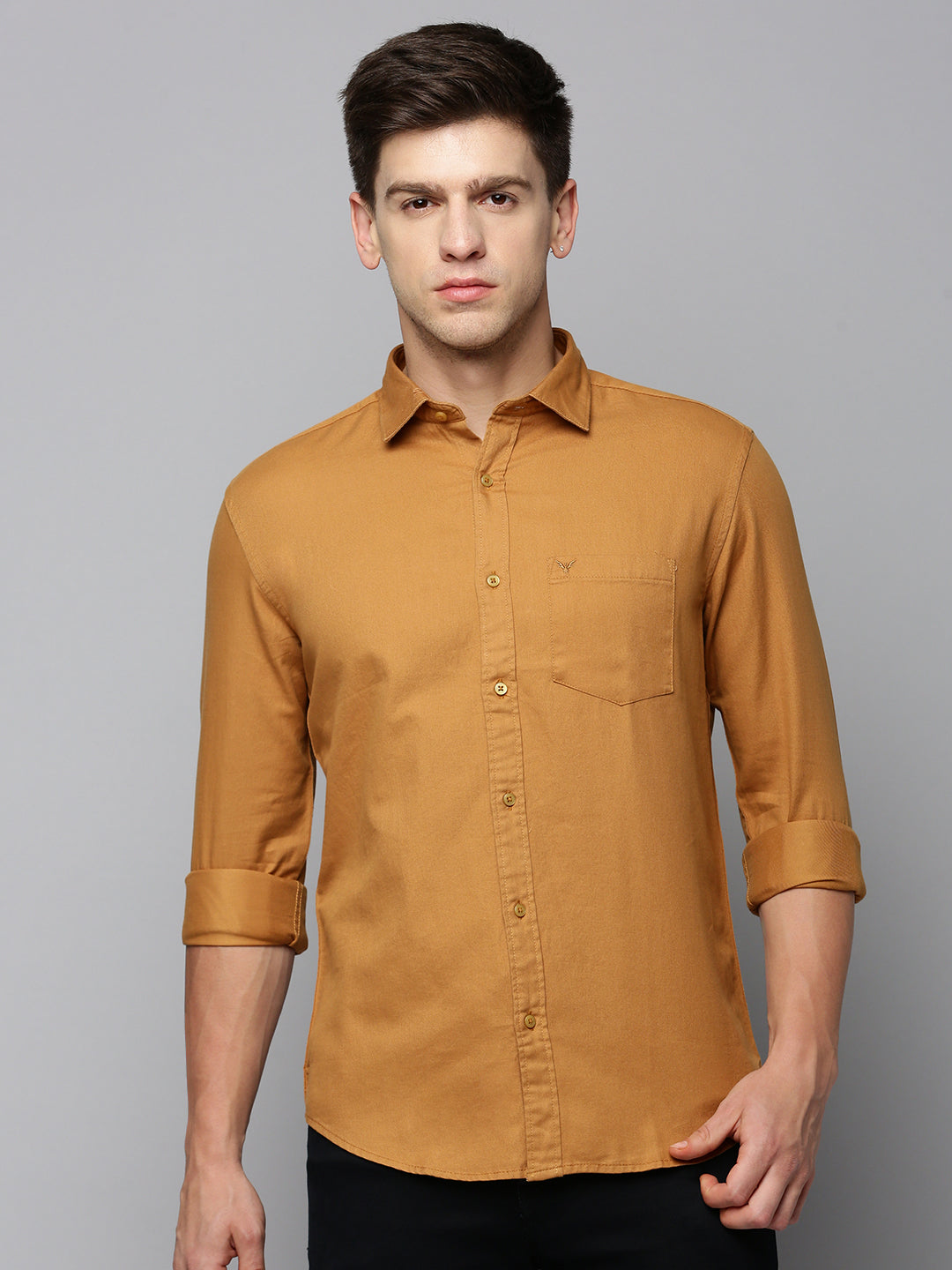 Men Khaki Solid Casual Shirt