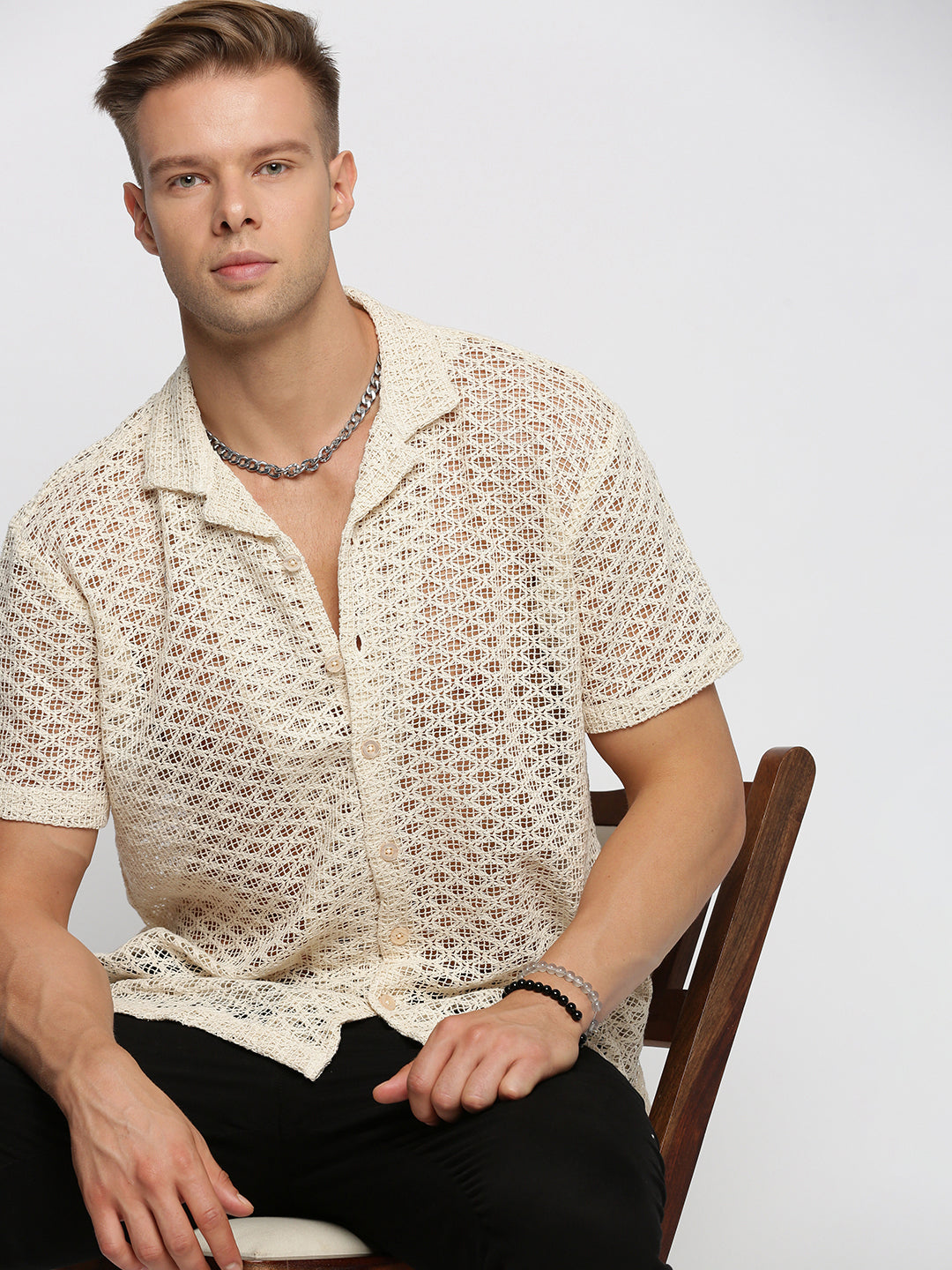 Men's Cream Comfort Geometric Cuban Collar Sheer Cotton Casual Crochet Shirt