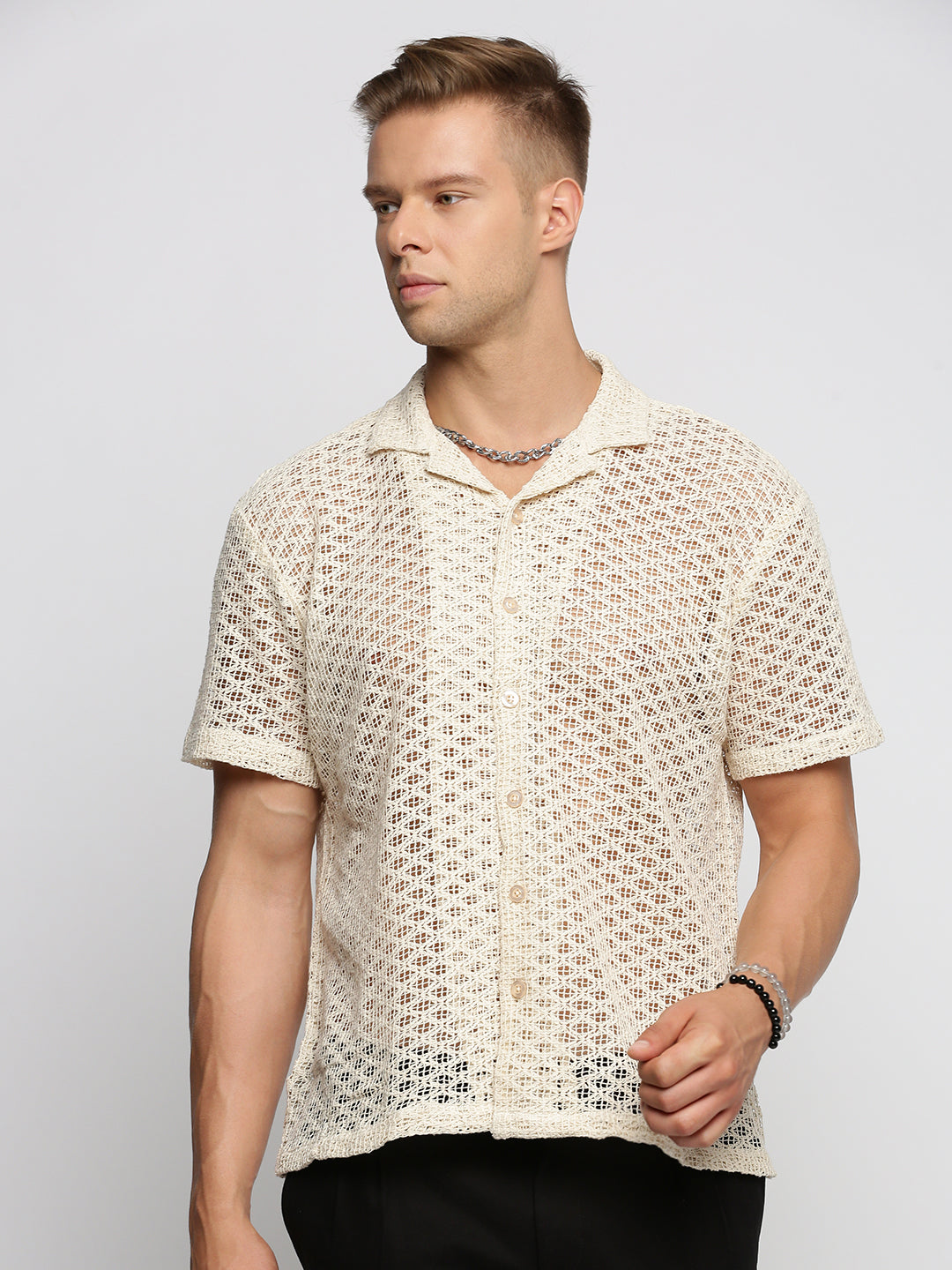 Men's Cream Comfort Geometric Cuban Collar Sheer Cotton Casual Crochet Shirt