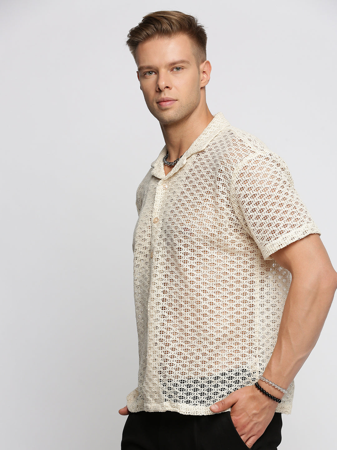 Men's Cream Comfort Geometric Cuban Collar Sheer Cotton Casual Crochet Shirt
