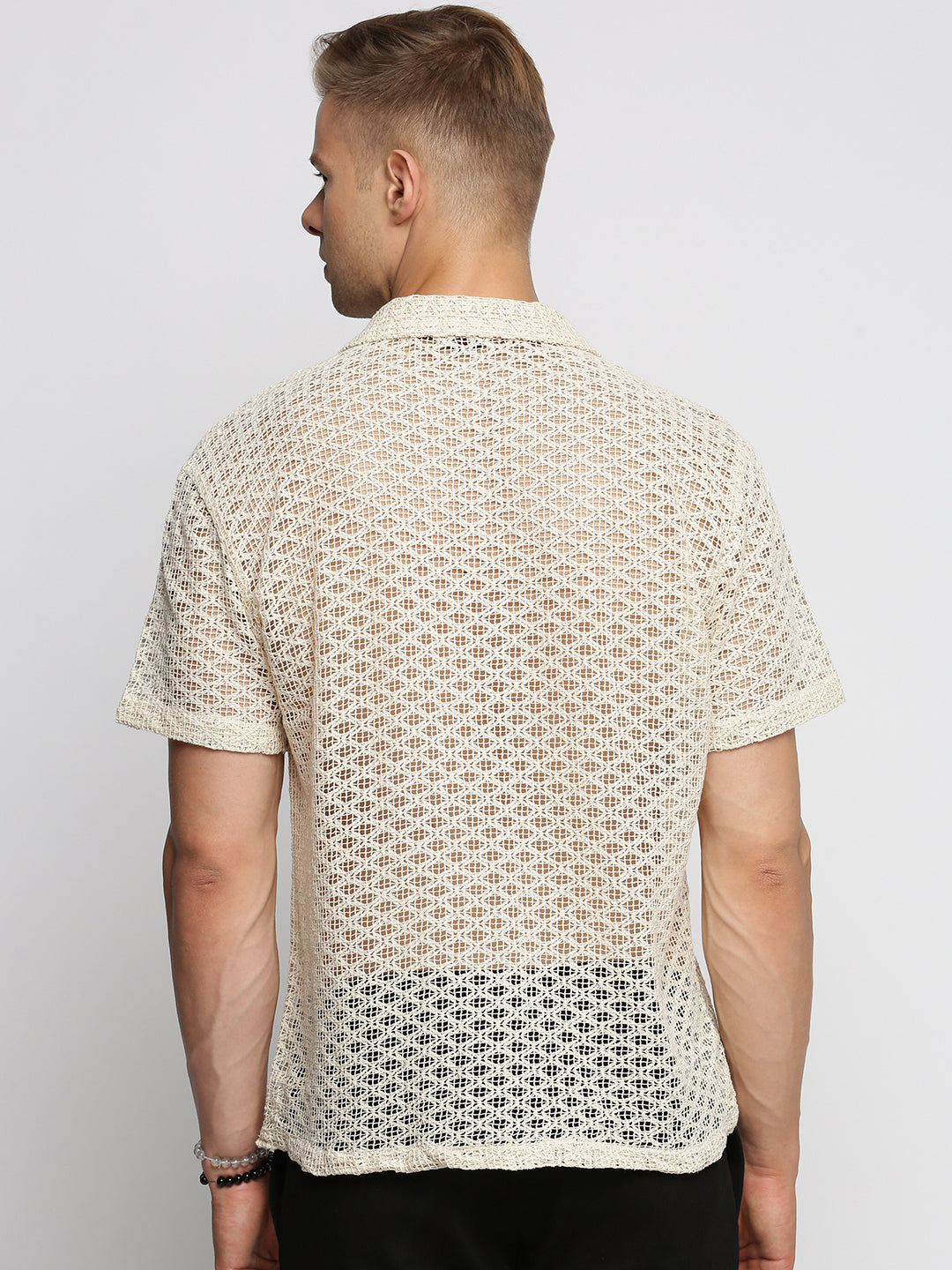 Men's Cream Comfort Geometric Cuban Collar Sheer Cotton Casual Crochet Shirt