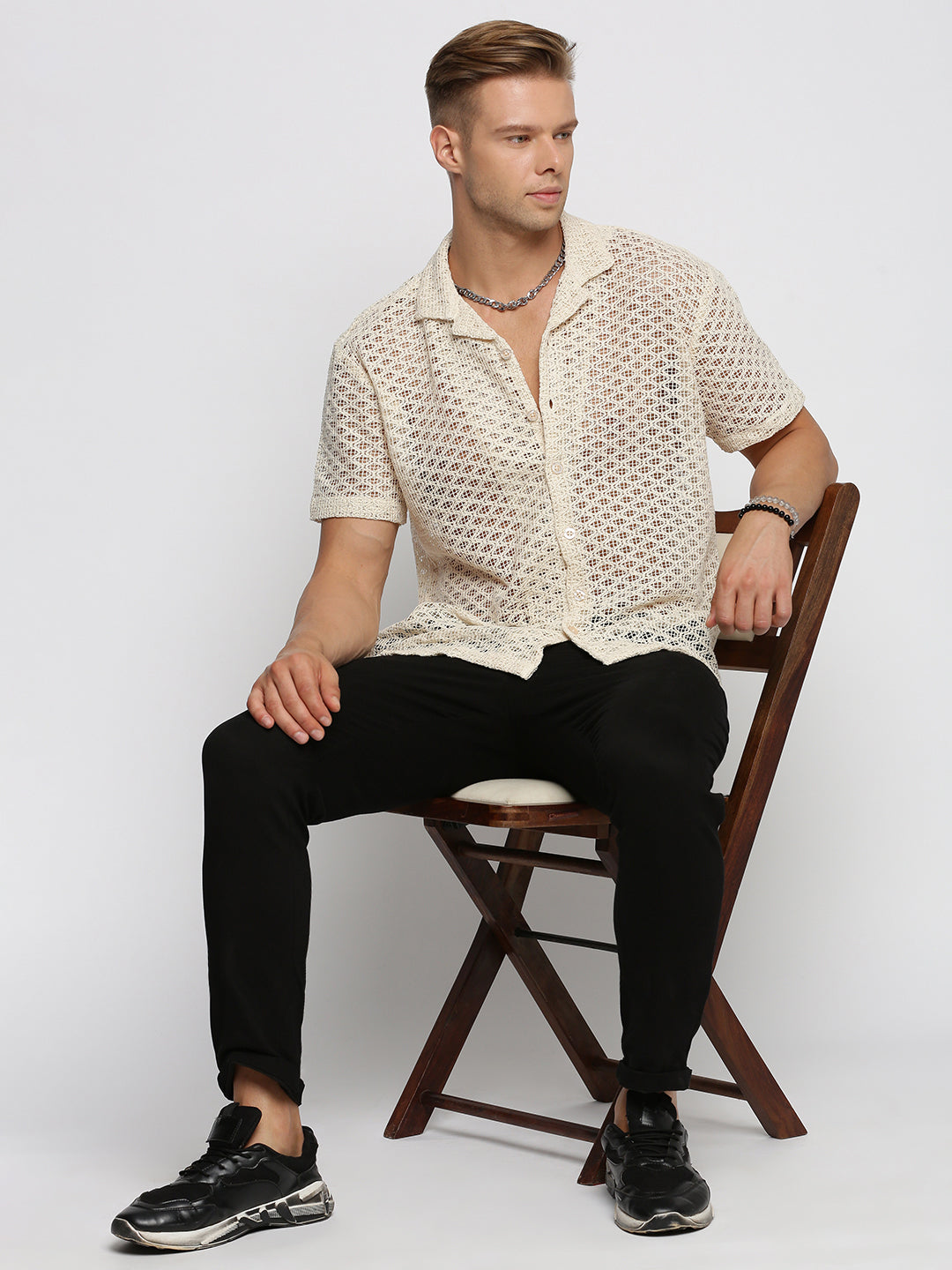 Men's Cream Comfort Geometric Cuban Collar Sheer Cotton Casual Crochet Shirt