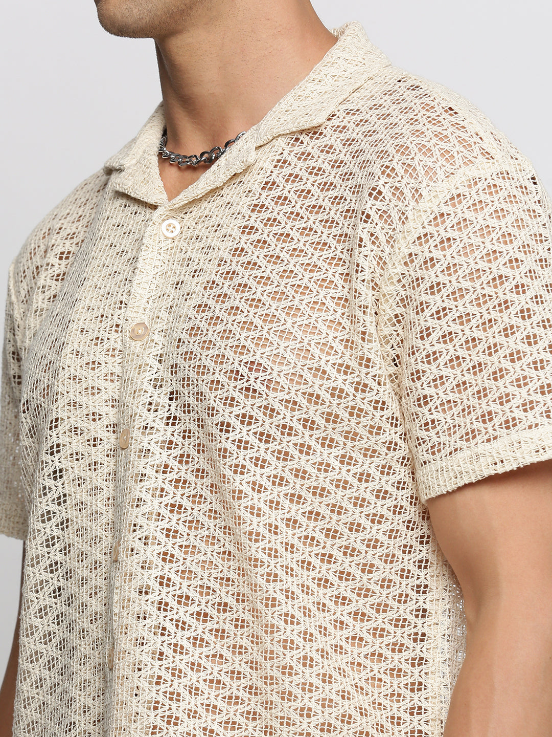 Men's Cream Comfort Geometric Cuban Collar Sheer Cotton Casual Crochet Shirt