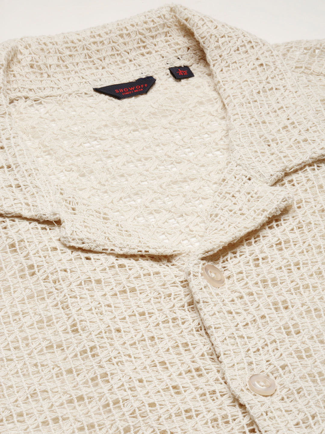 Men's Cream Comfort Geometric Cuban Collar Sheer Cotton Casual Crochet Shirt