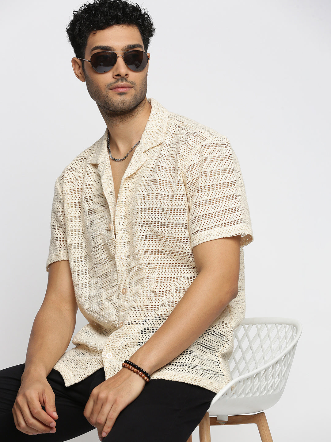 Men's Cream Striped Comfort Cotton Casual Crochet Shirt