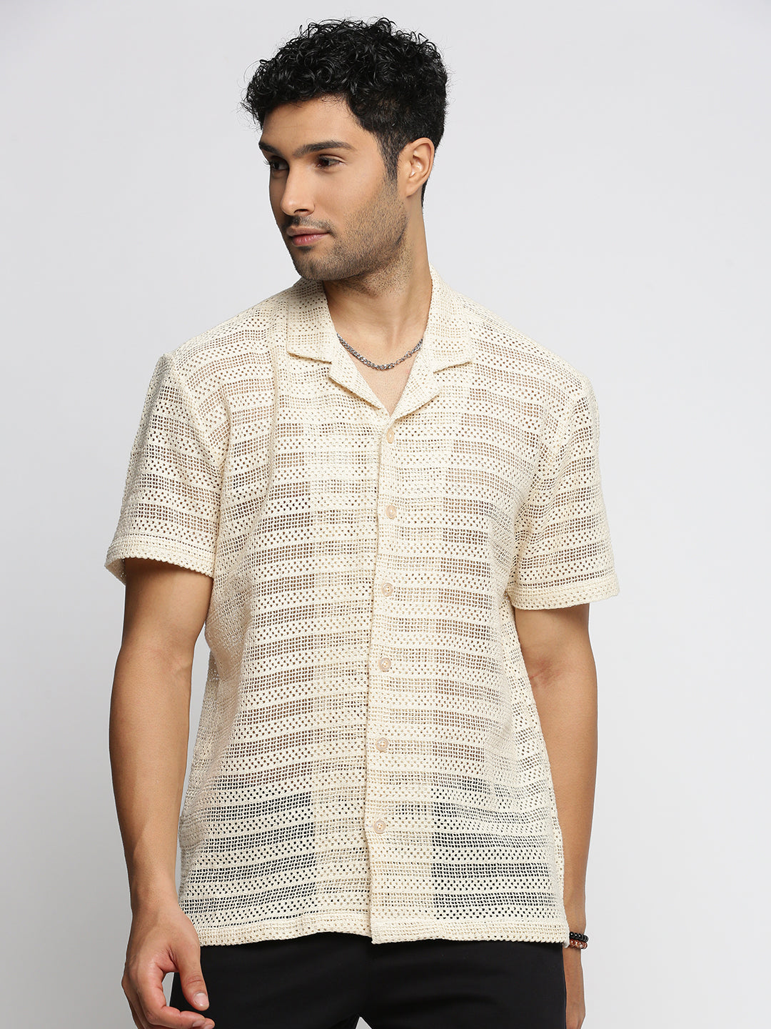 Men's Cream Striped Comfort Cotton Casual Crochet Shirt