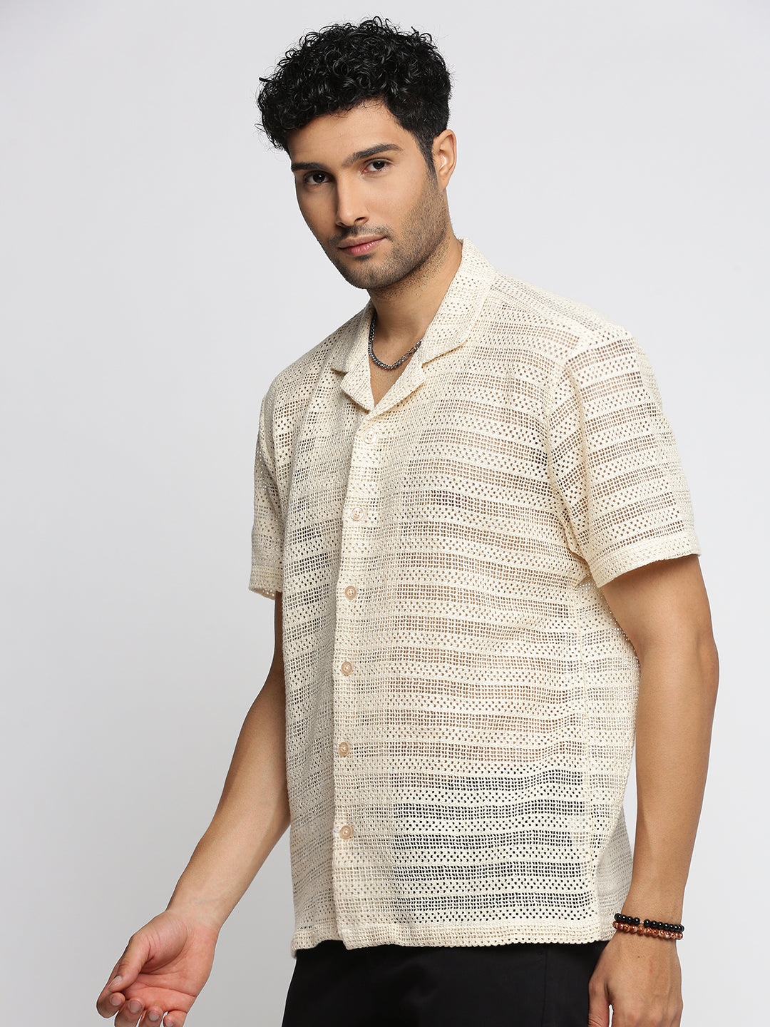 Men's Cream Striped Comfort Cotton Casual Crochet Shirt