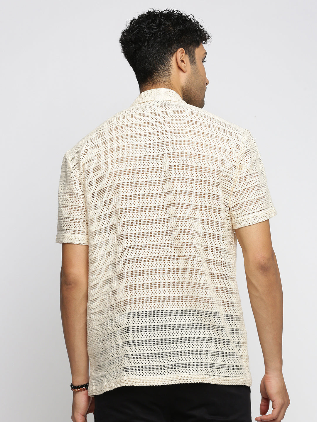 Men's Cream Striped Comfort Cotton Casual Crochet Shirt