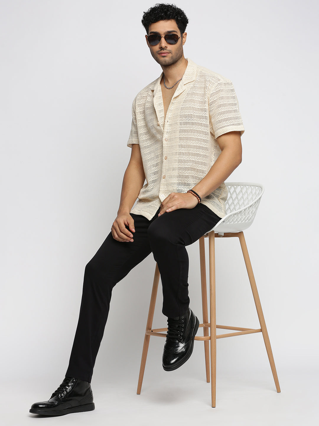 Men's Cream Striped Comfort Cotton Casual Crochet Shirt