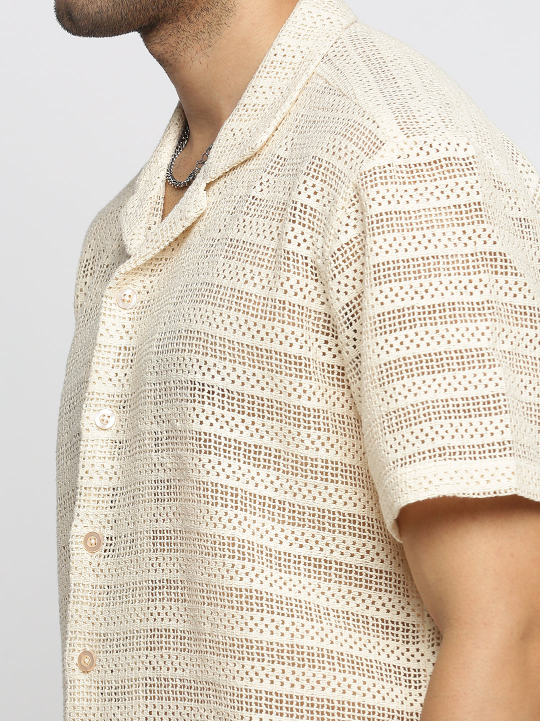 Men's Cream Striped Comfort Cotton Casual Crochet Shirt