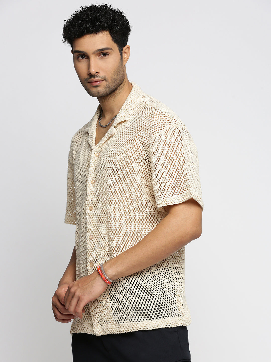 Men's Cream Comfort Self Design Cuban Collar Cotton Casual Crochet Shirt