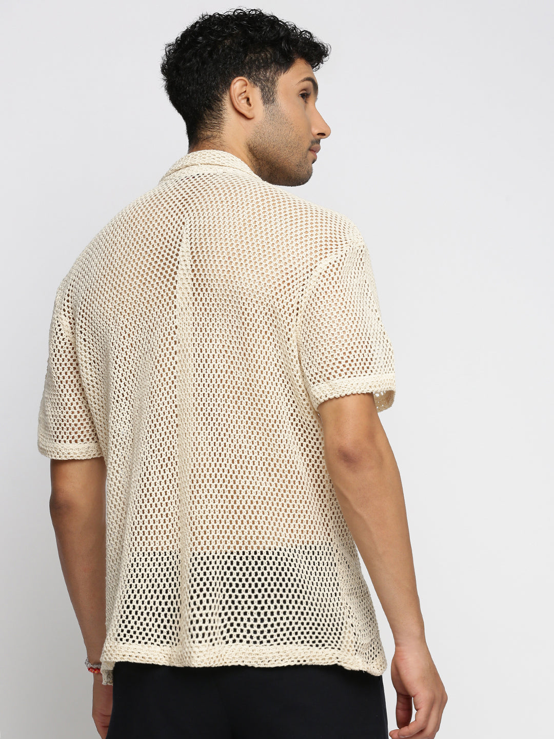 Men's Cream Comfort Self Design Cuban Collar Cotton Casual Crochet Shirt