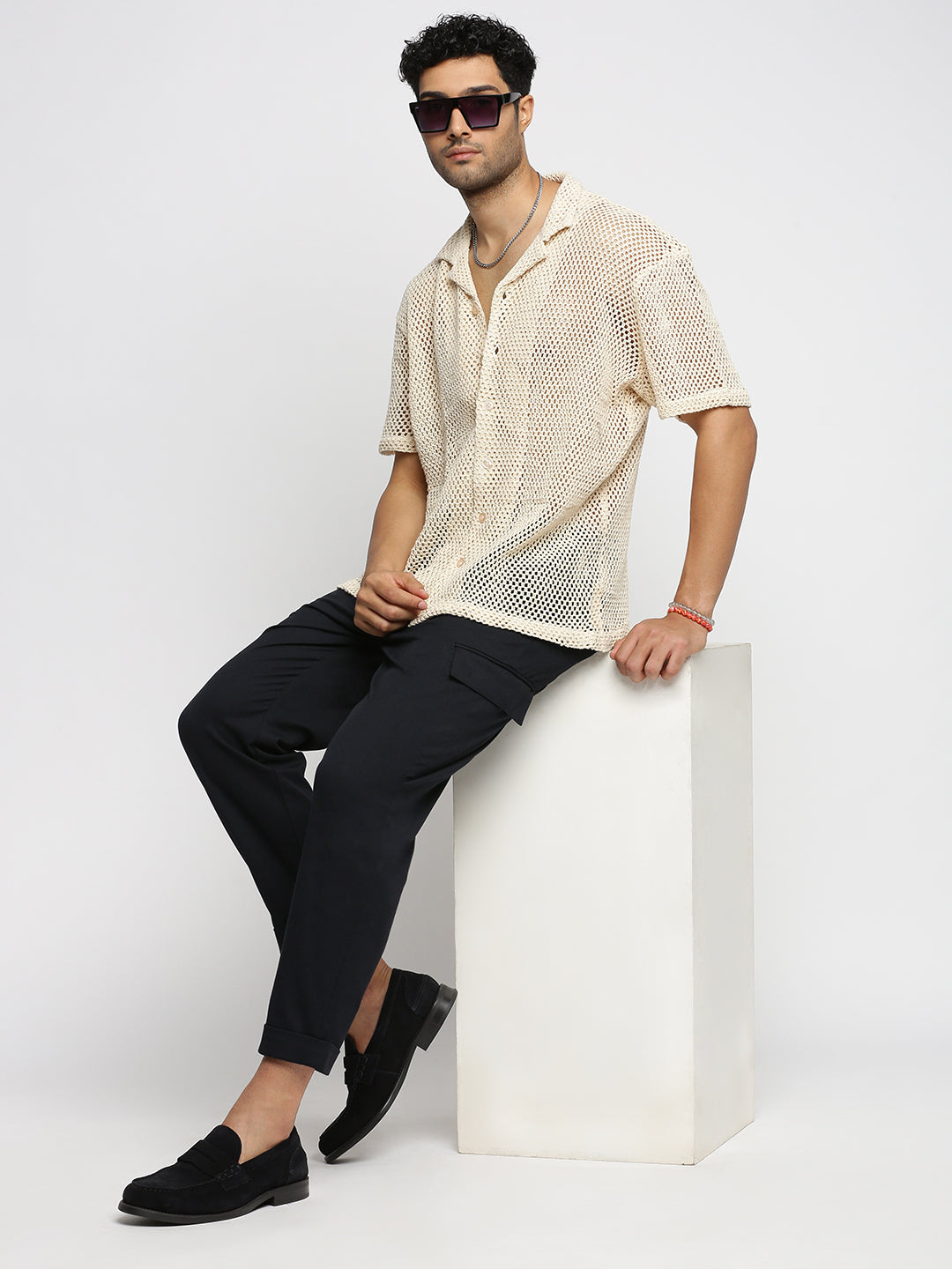 Men's Cream Comfort Self Design Cuban Collar Cotton Casual Crochet Shirt