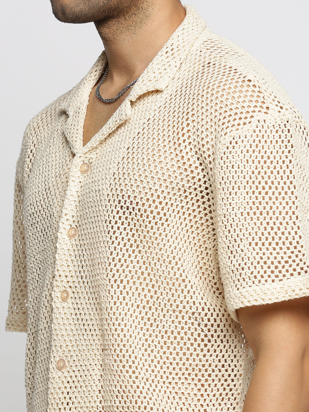 Men's Cream Comfort Self Design Cuban Collar Cotton Casual Crochet Shirt
