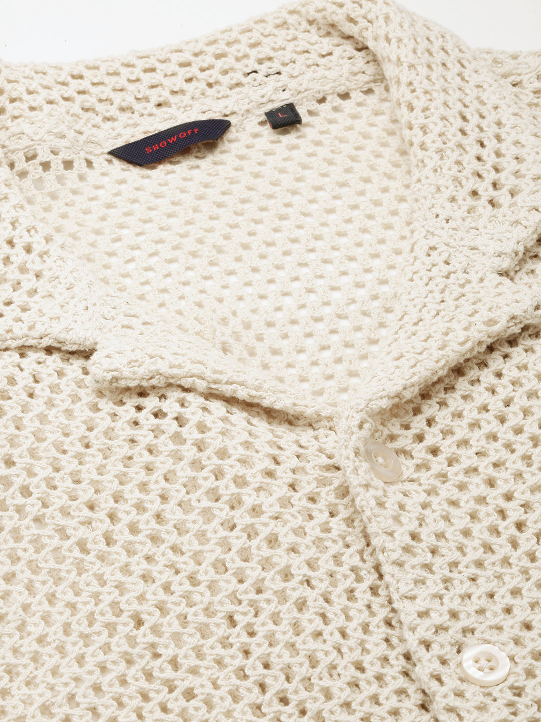 Men's Cream Comfort Self Design Cuban Collar Cotton Casual Crochet Shirt