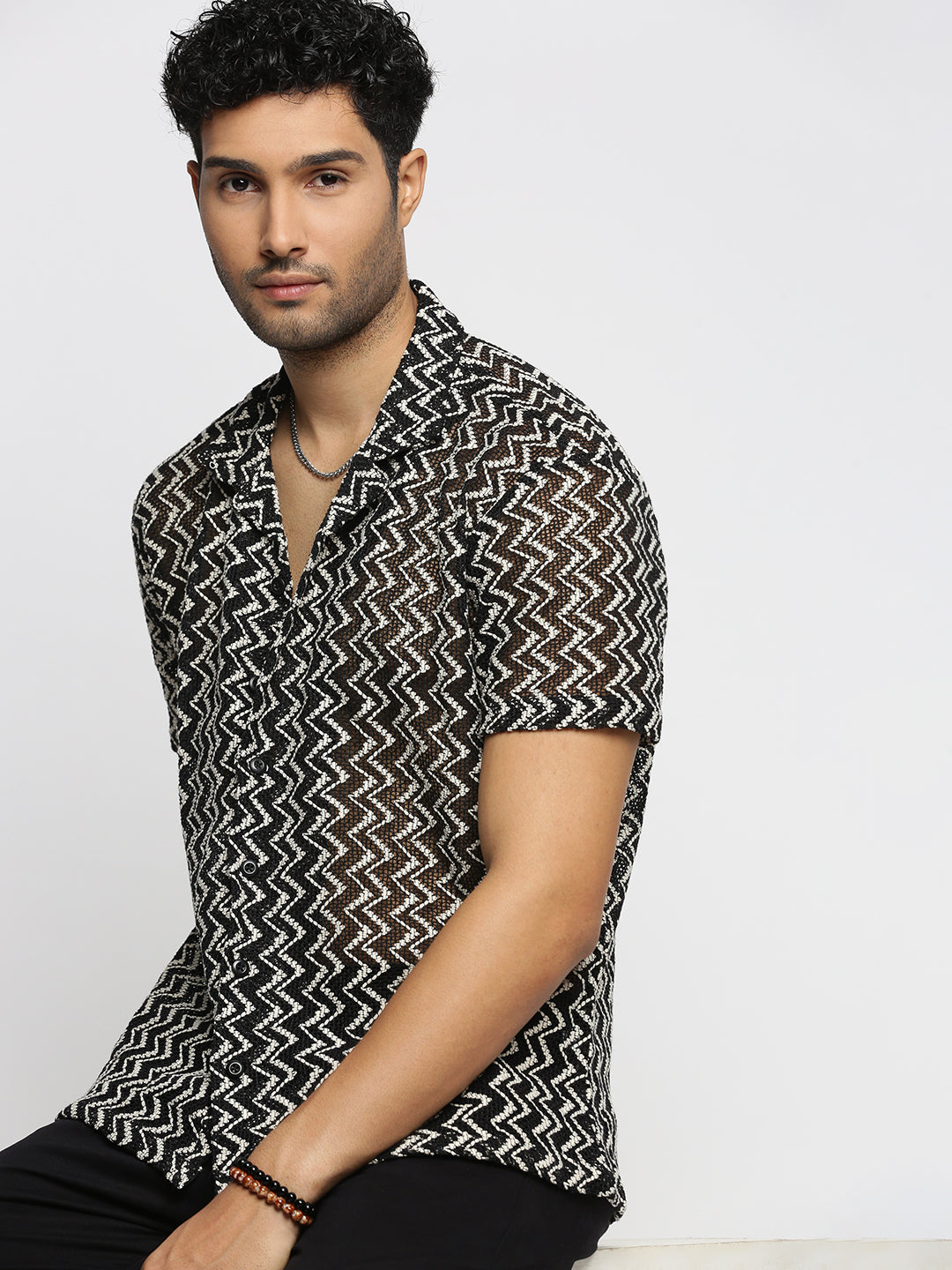 Men's Black Comfort Fit Chevron Self Design Cuban Collar Sheer Knitted Cotton Crochet Shirt