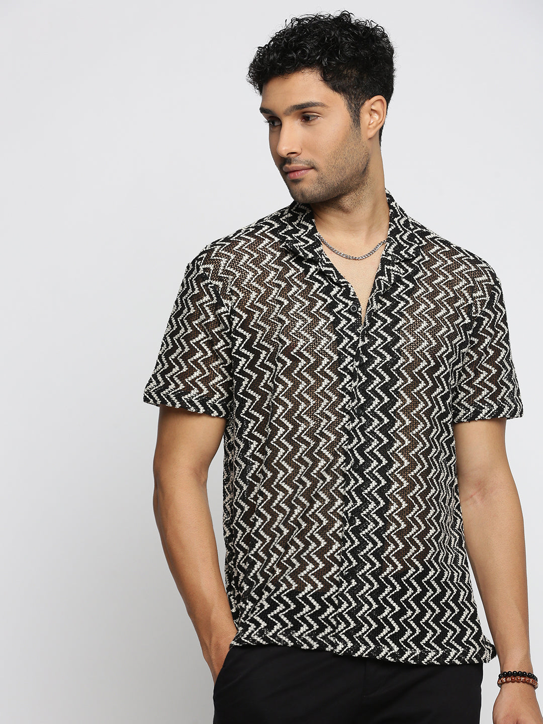 Men's Black Comfort Fit Chevron Self Design Cuban Collar Sheer Knitted Cotton Crochet Shirt