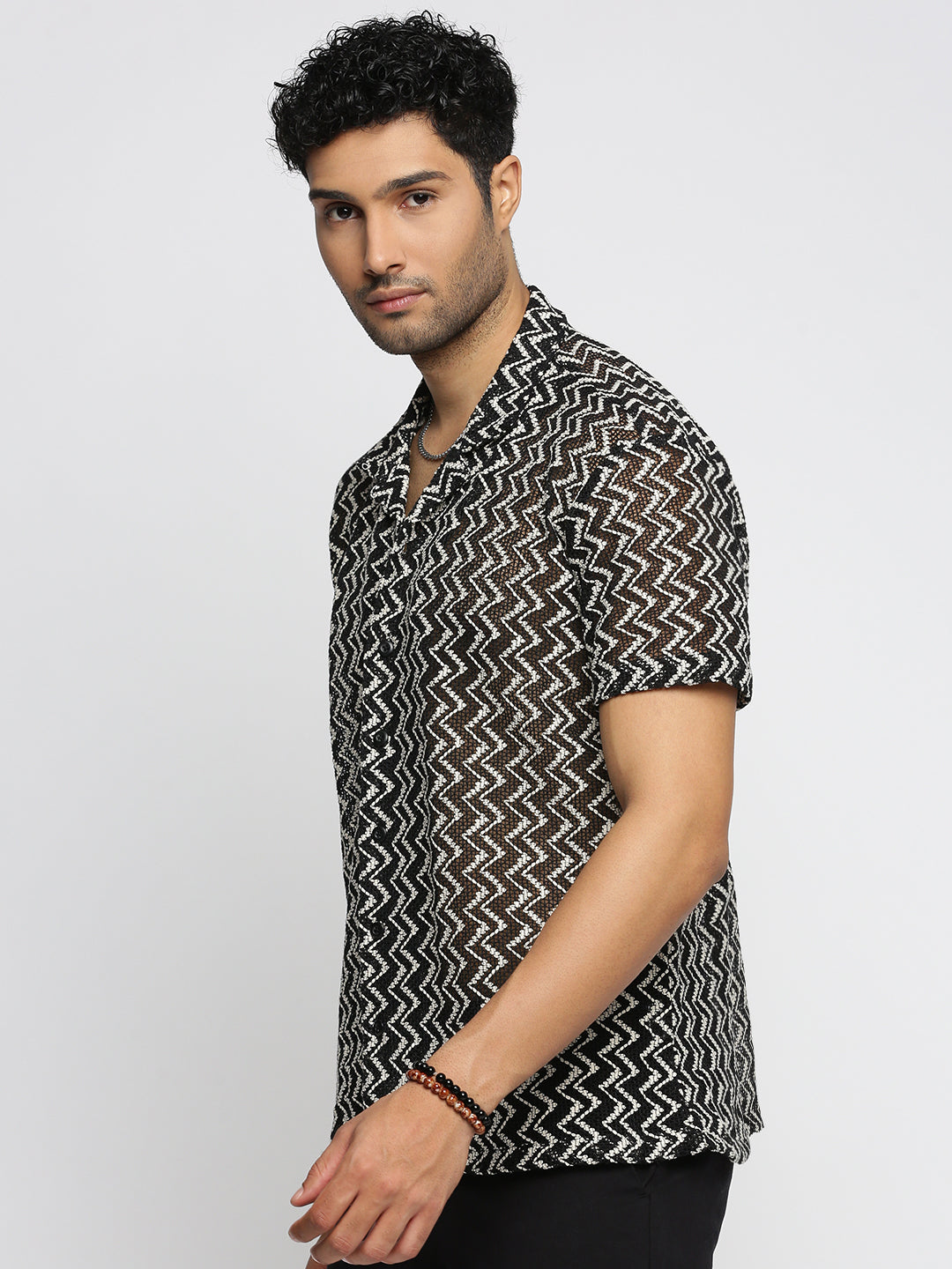Men's Black Comfort Fit Chevron Self Design Cuban Collar Sheer Knitted Cotton Crochet Shirt