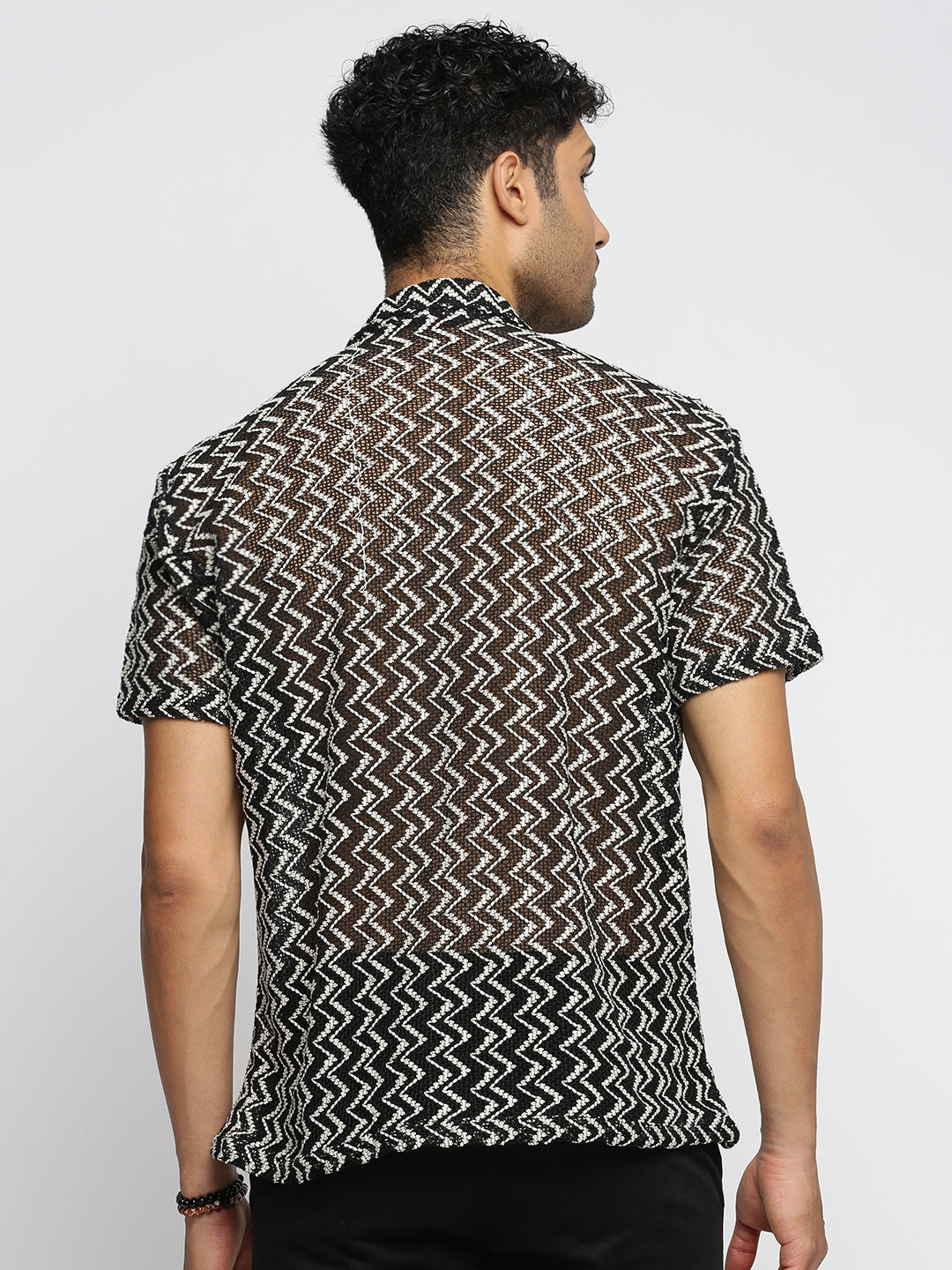 Men's Black Comfort Fit Chevron Self Design Cuban Collar Sheer Knitted Cotton Crochet Shirt