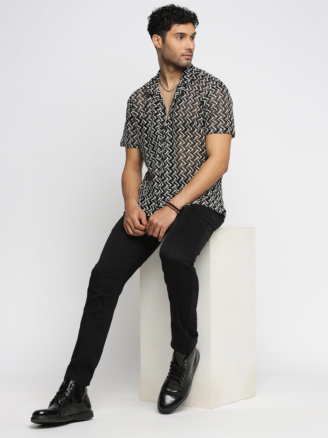 Men's Black Comfort Fit Chevron Self Design Cuban Collar Sheer Knitted Cotton Crochet Shirt