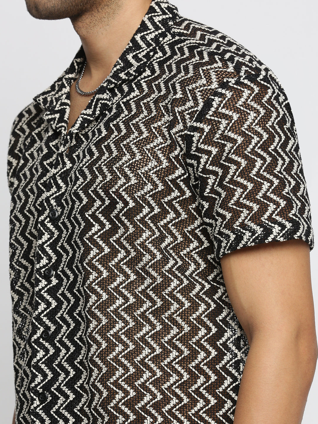 Men's Black Comfort Fit Chevron Self Design Cuban Collar Sheer Knitted Cotton Crochet Shirt