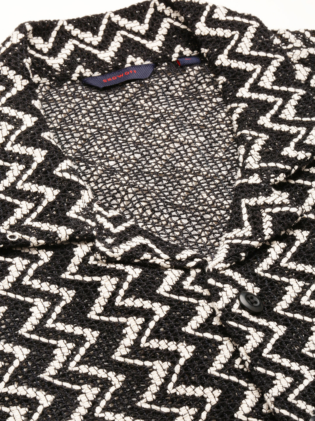 Men's Black Comfort Fit Chevron Self Design Cuban Collar Sheer Knitted Cotton Crochet Shirt