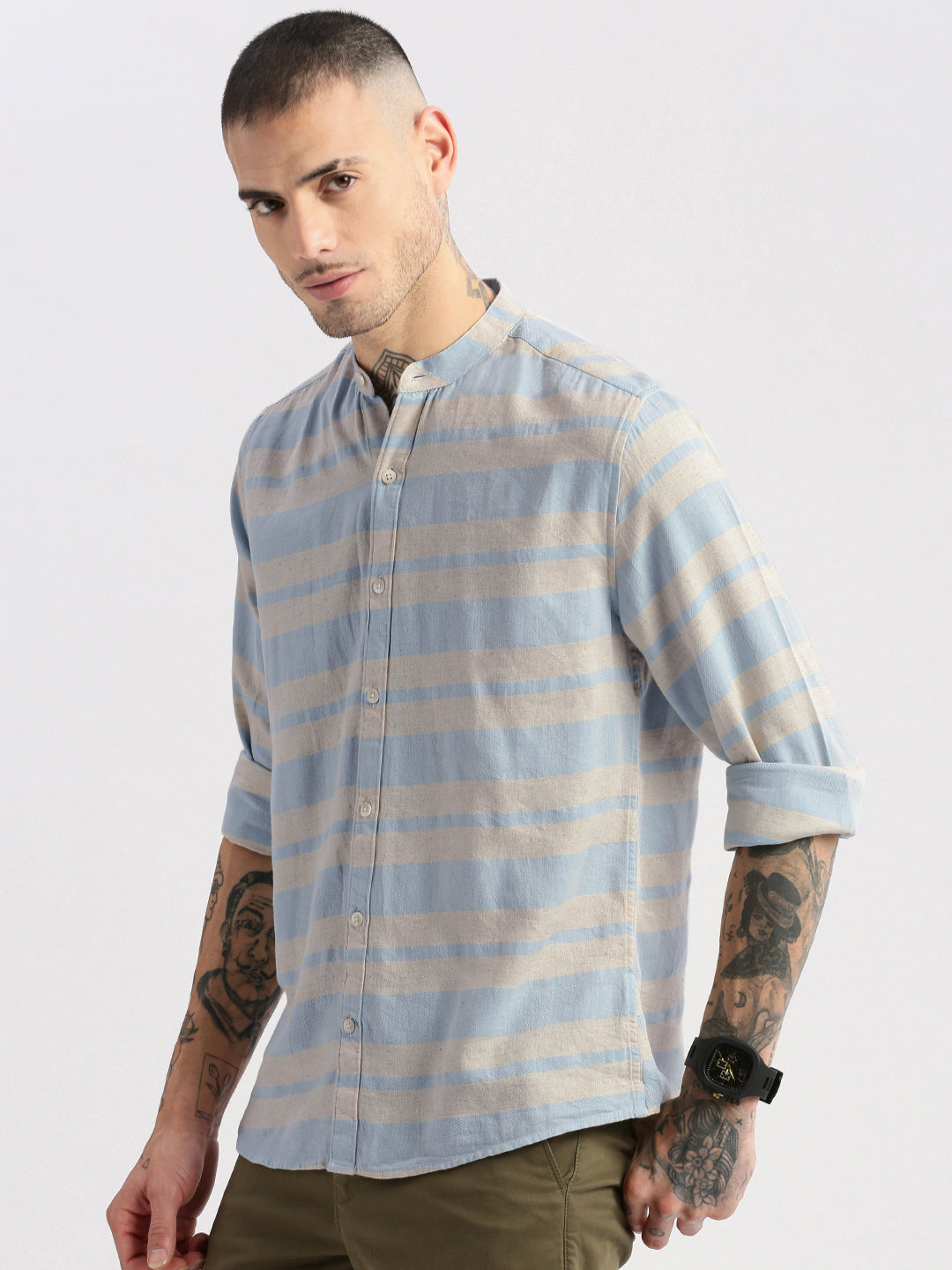 Men Mandarin Collar Horizontal Stripes Beige Casual Shirt