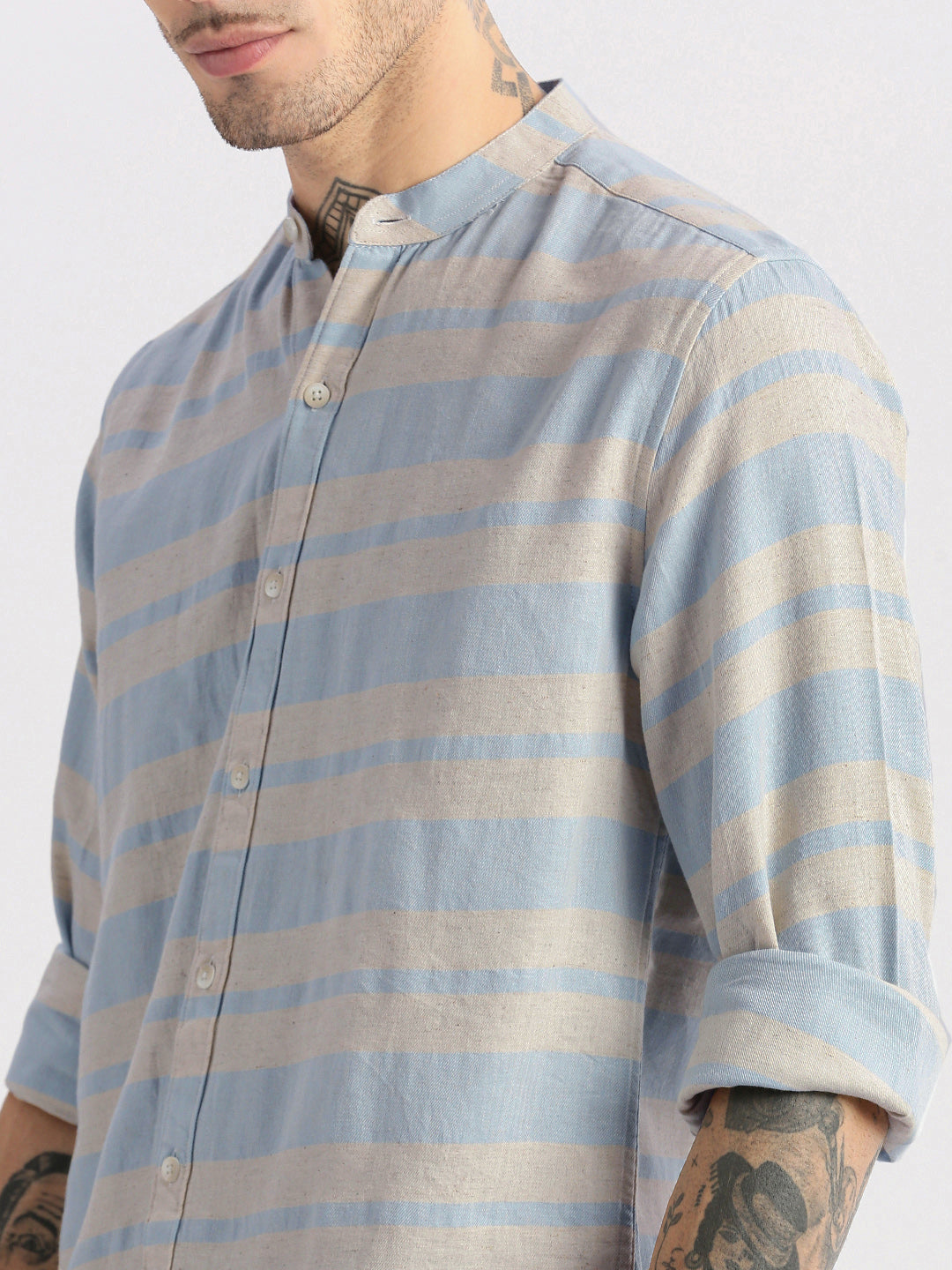 Men Mandarin Collar Horizontal Stripes Beige Casual Shirt