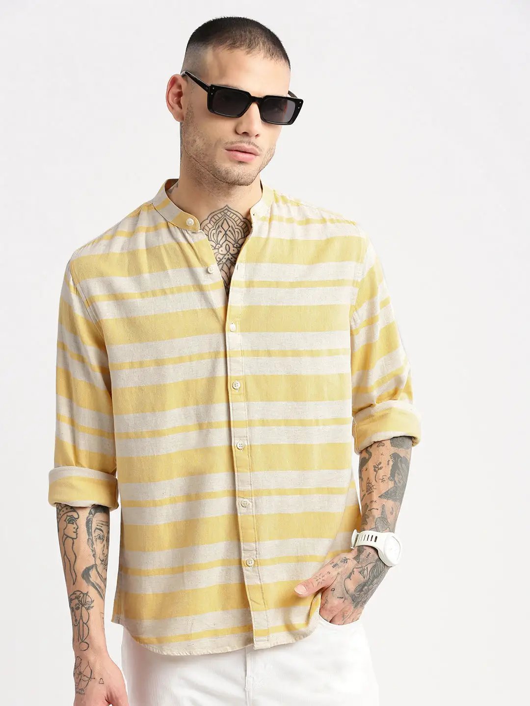 Men's Mandarin Collar Horizontal Stripes Orange Casual Shirt