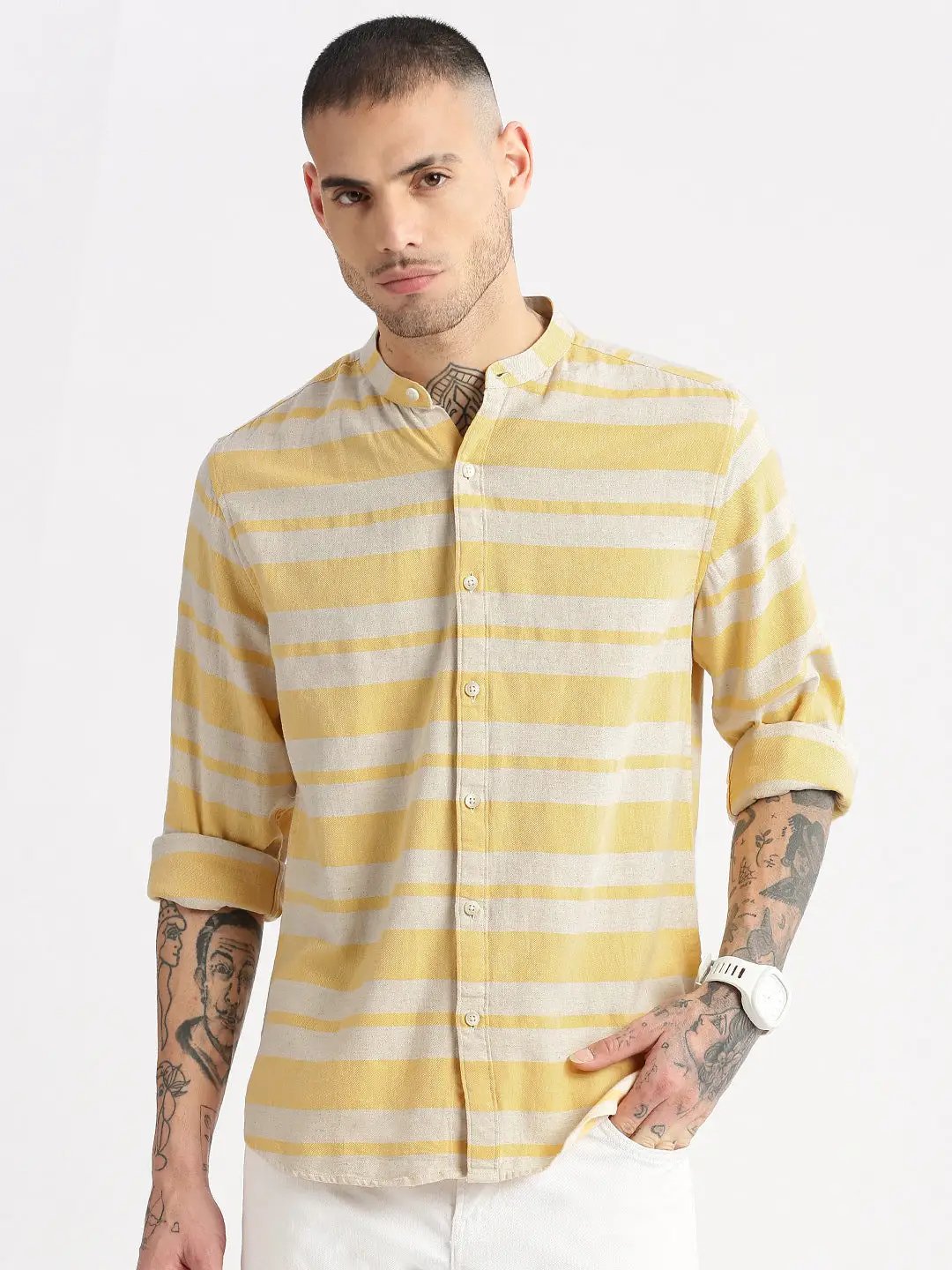 Men's Mandarin Collar Horizontal Stripes Orange Casual Shirt