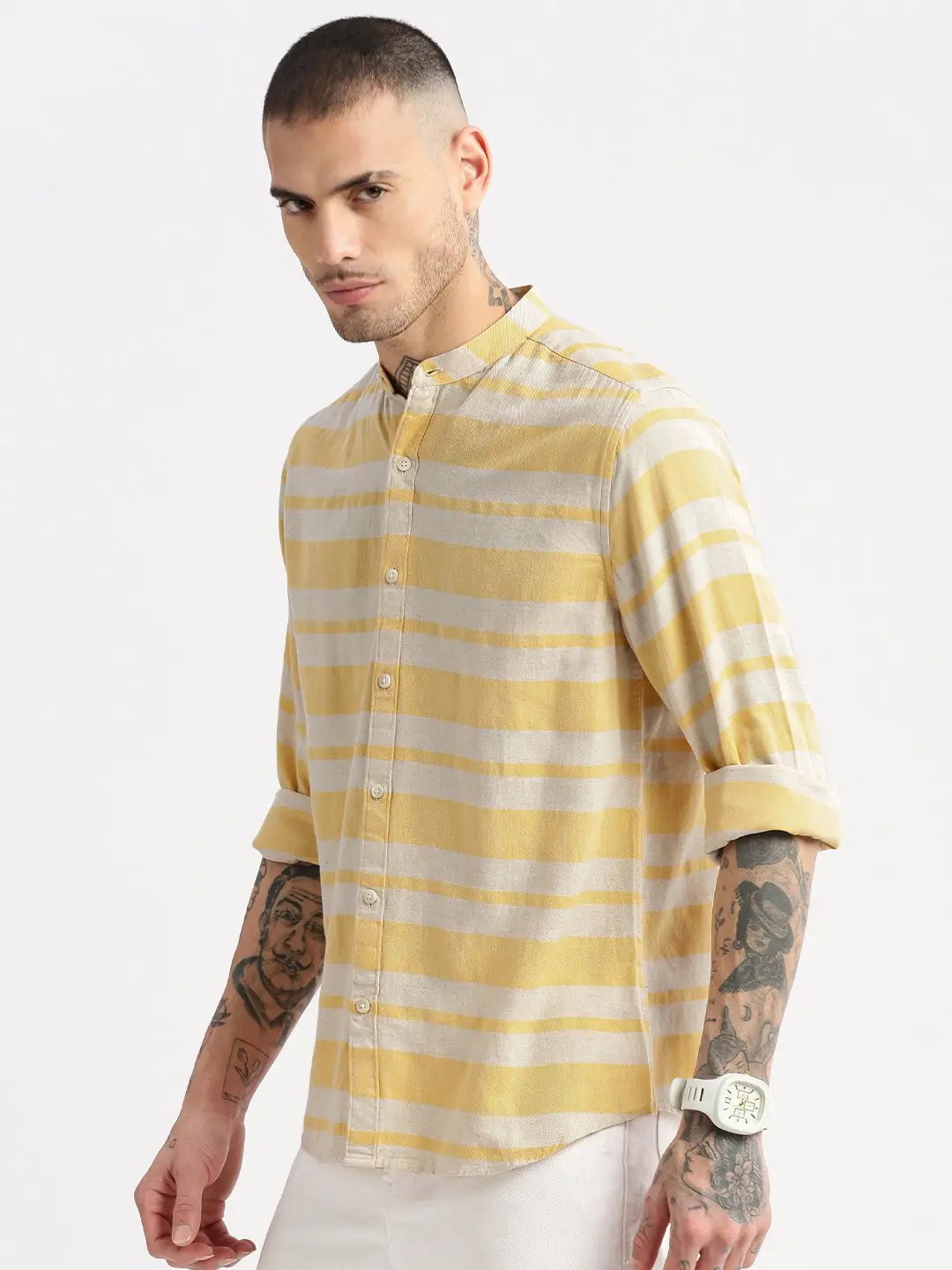 Men's Mandarin Collar Horizontal Stripes Orange Casual Shirt
