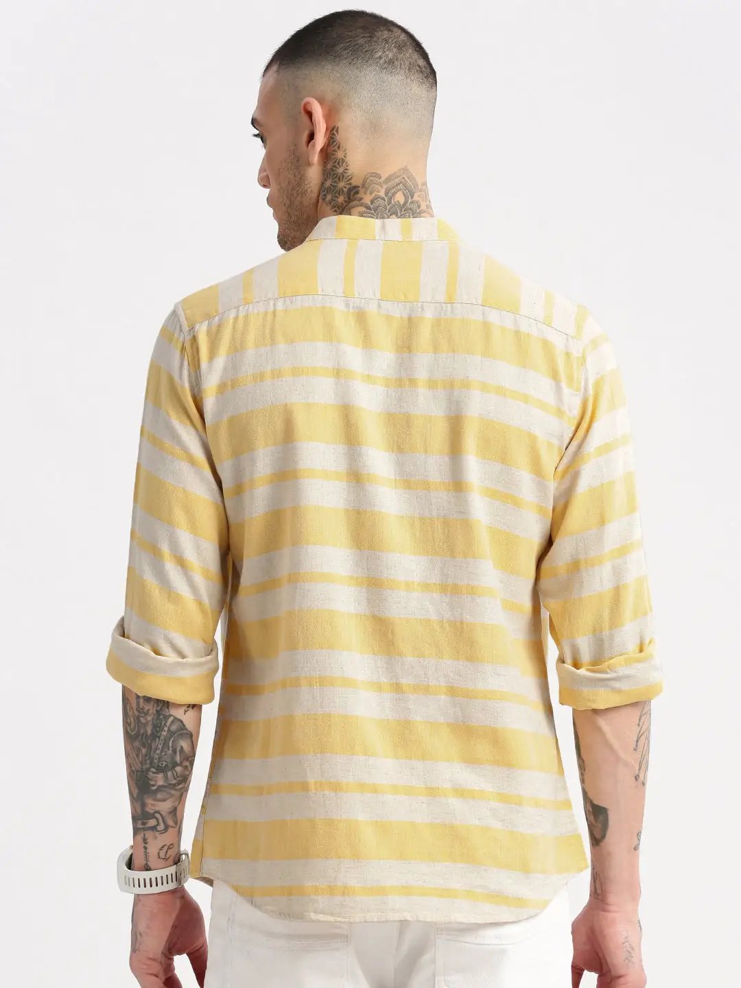 Men's Mandarin Collar Horizontal Stripes Orange Casual Shirt