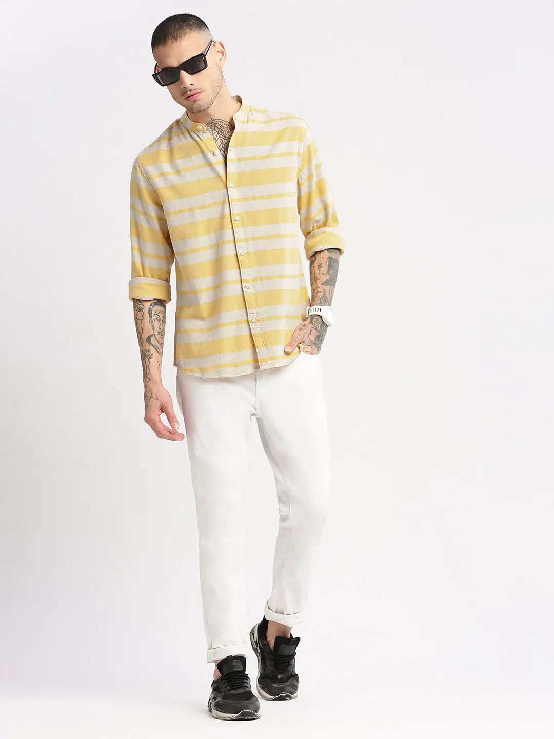 Men's Mandarin Collar Horizontal Stripes Orange Casual Shirt