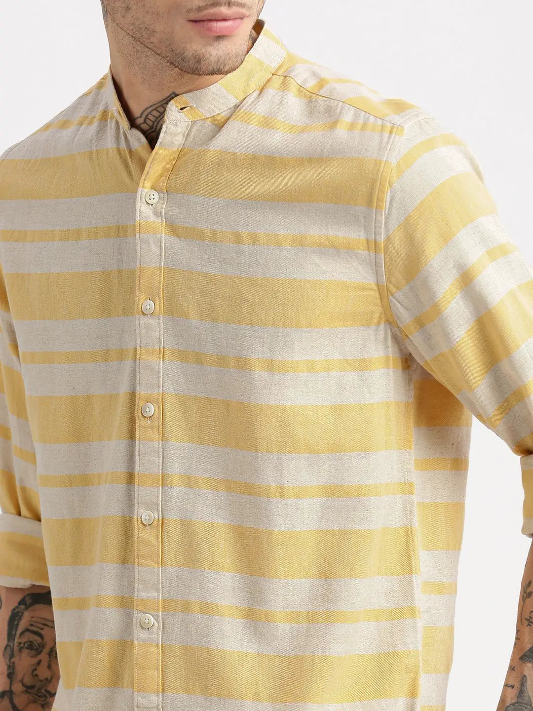Men's Mandarin Collar Horizontal Stripes Orange Casual Shirt