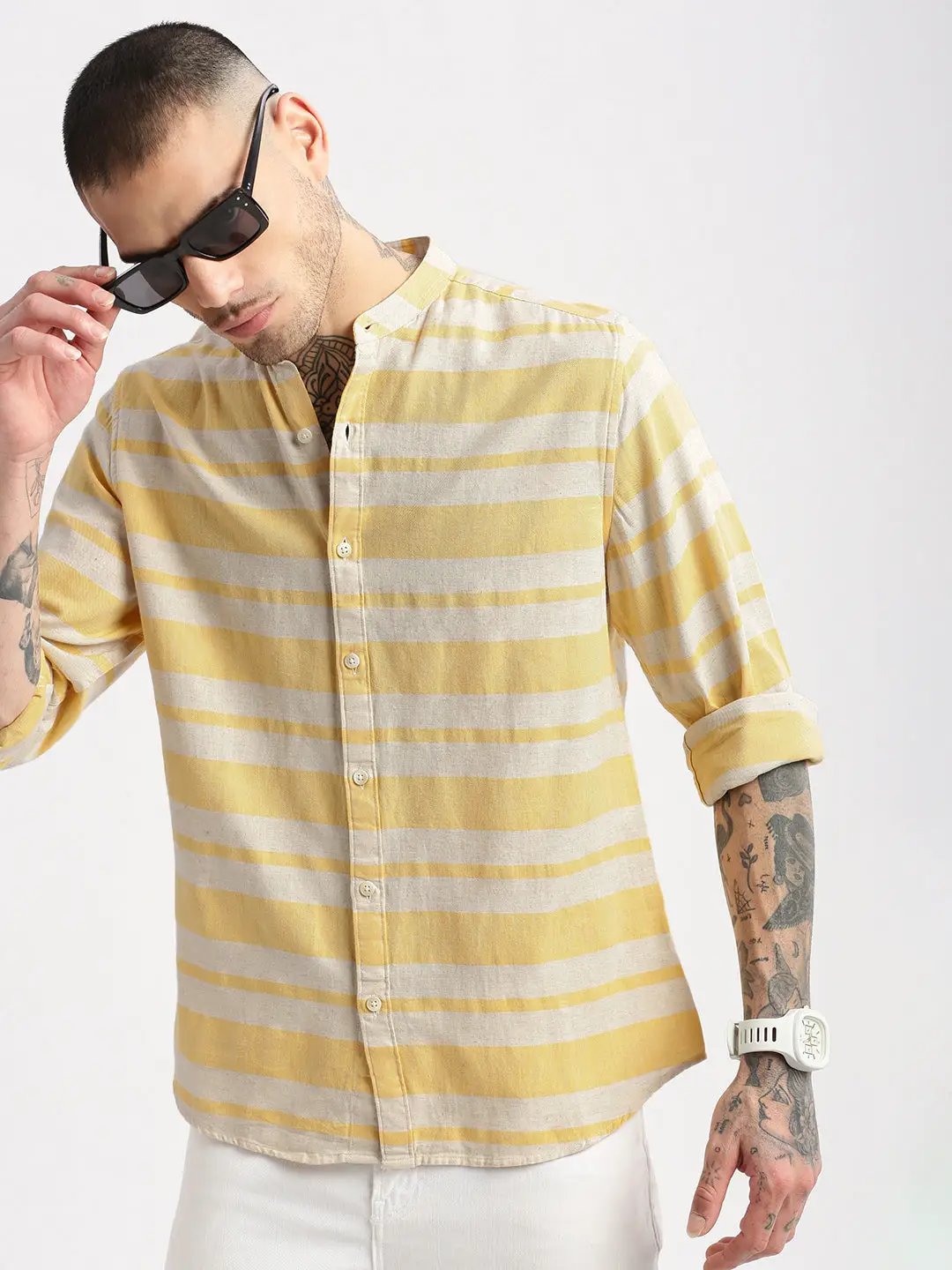 Men's Mandarin Collar Horizontal Stripes Orange Casual Shirt
