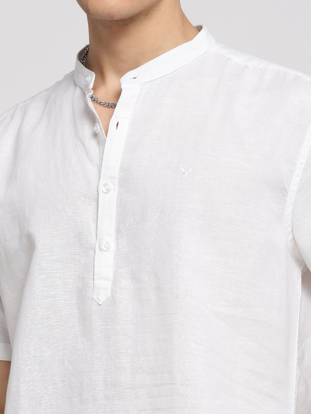 Men White Solid Mandarin Collar Casual Short Kurta