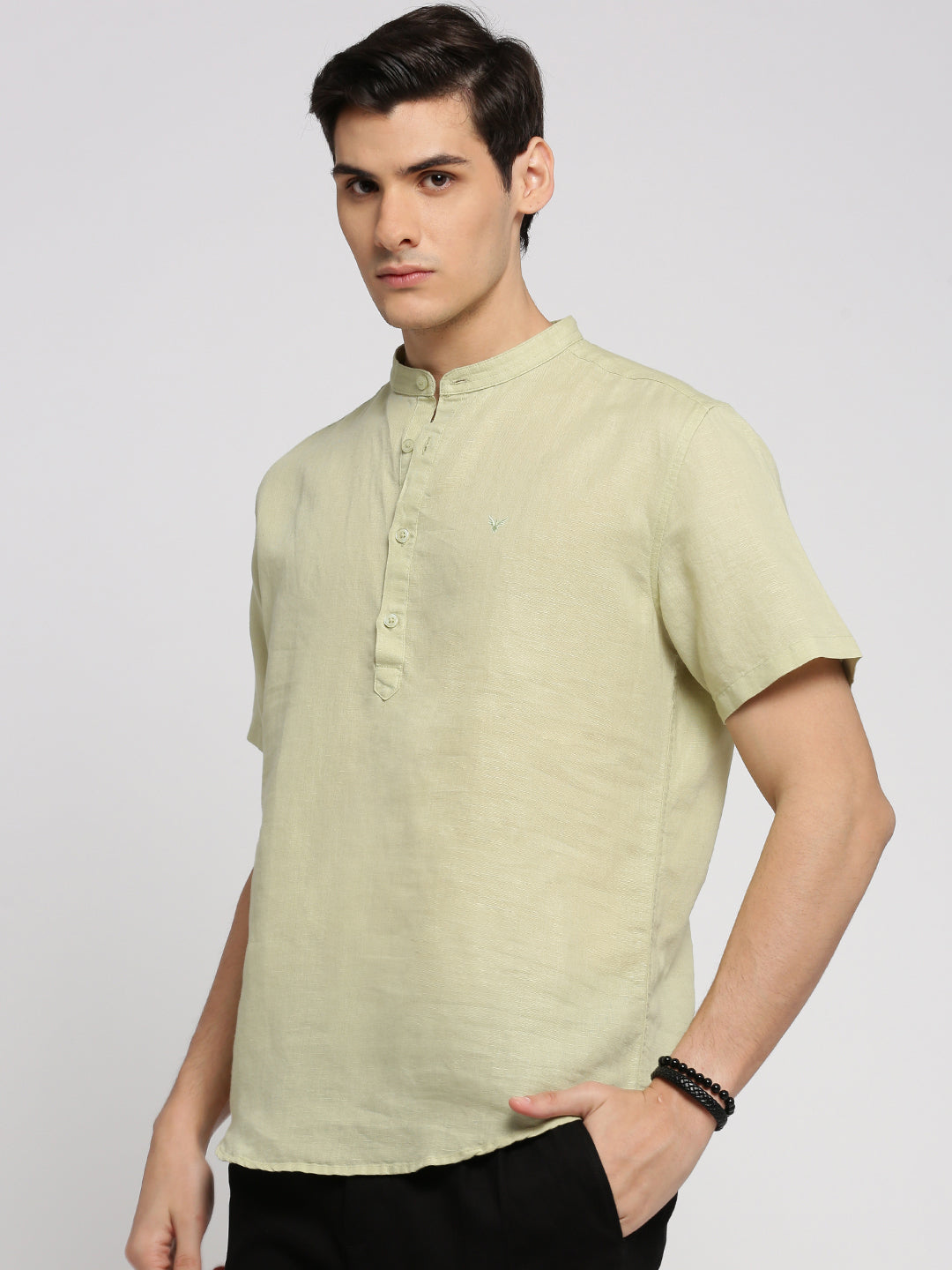 Men Sea Green Solid Mandarin Collar Casual Short Kurta