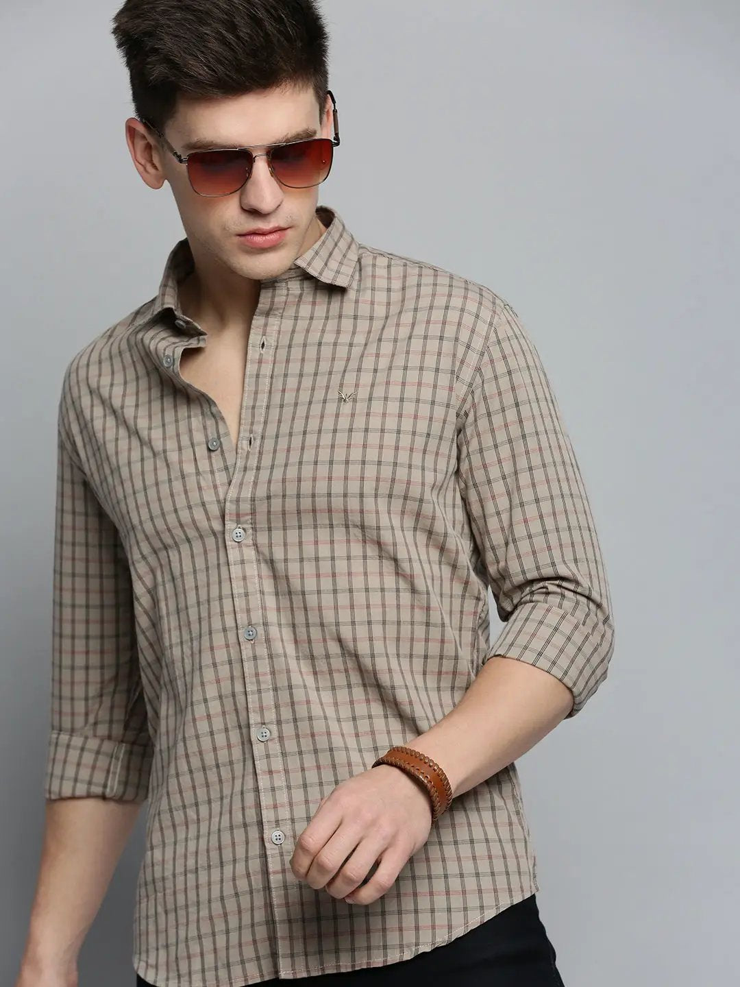 Men's Beige Comfort Tartan Checked Casual Cotton Shirt