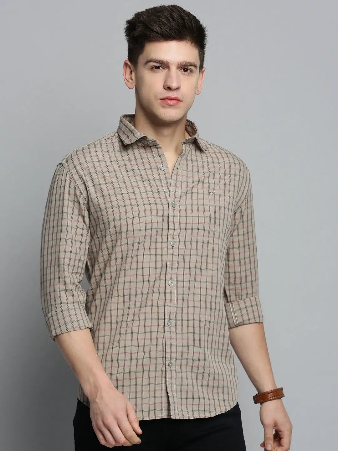 Men's Beige Comfort Tartan Checked Casual Cotton Shirt