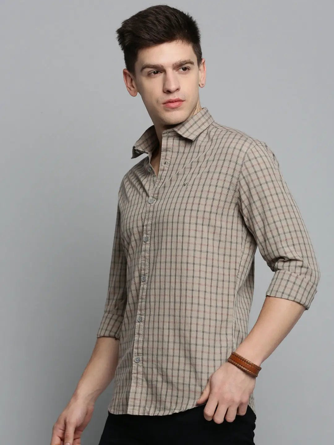 Men's Beige Comfort Tartan Checked Casual Cotton Shirt