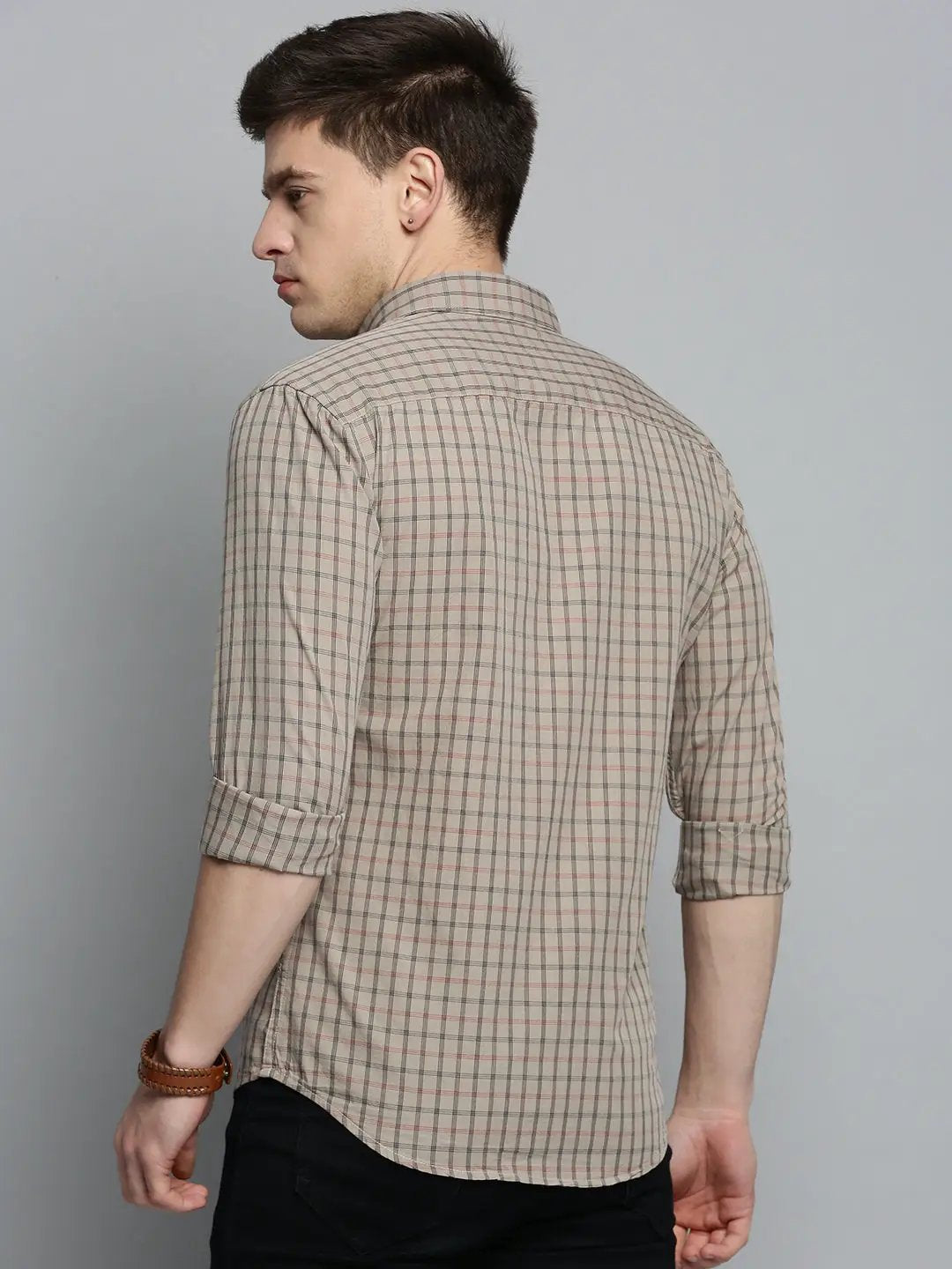Men's Beige Comfort Tartan Checked Casual Cotton Shirt