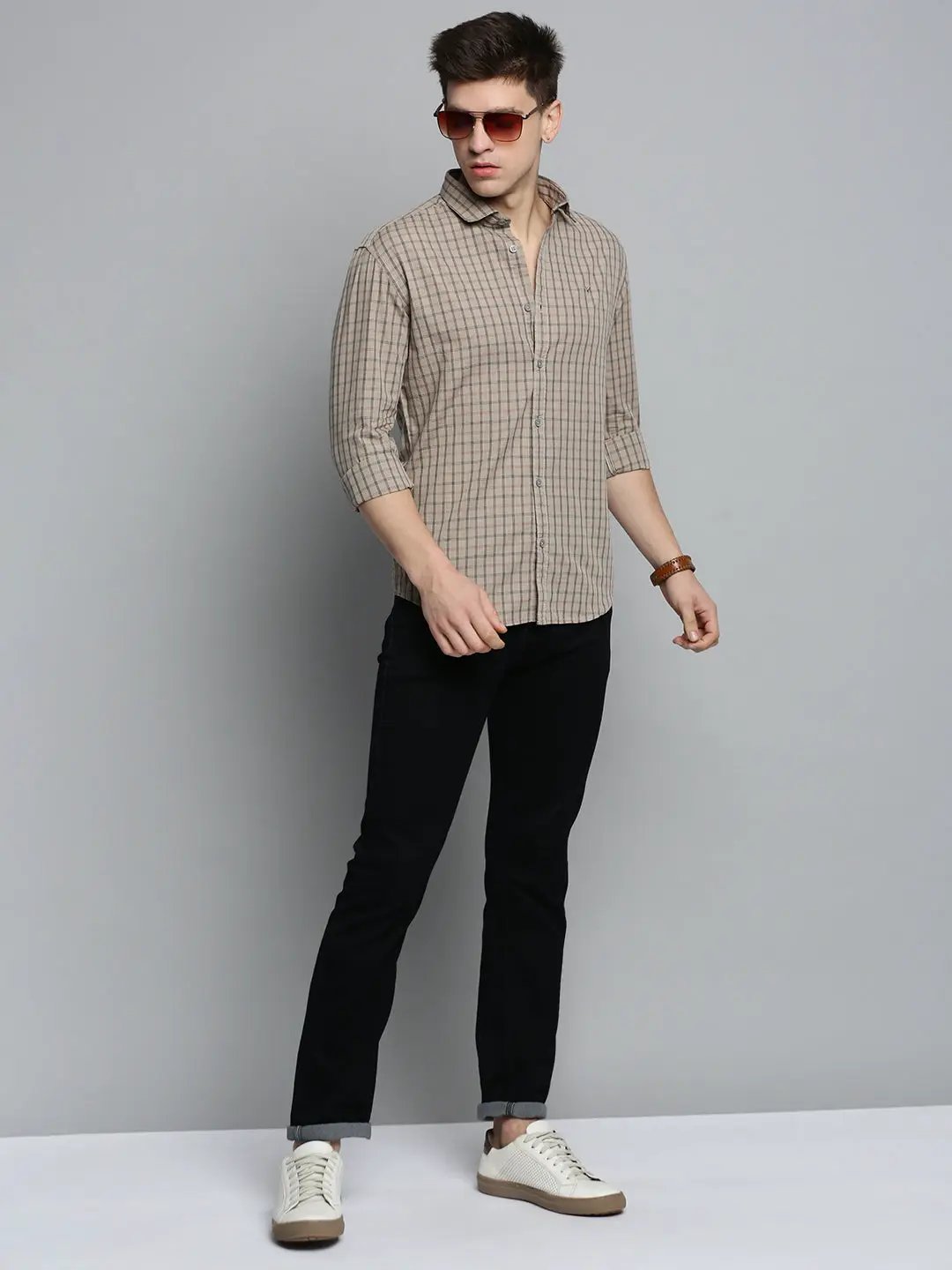 Men's Beige Comfort Tartan Checked Casual Cotton Shirt