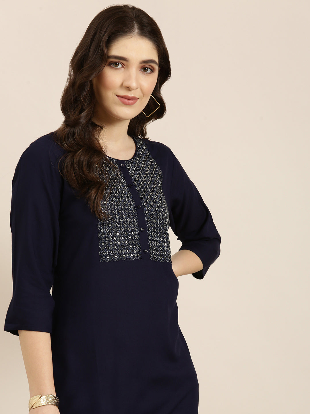 Women Navy Blue Solid Straight Kurta