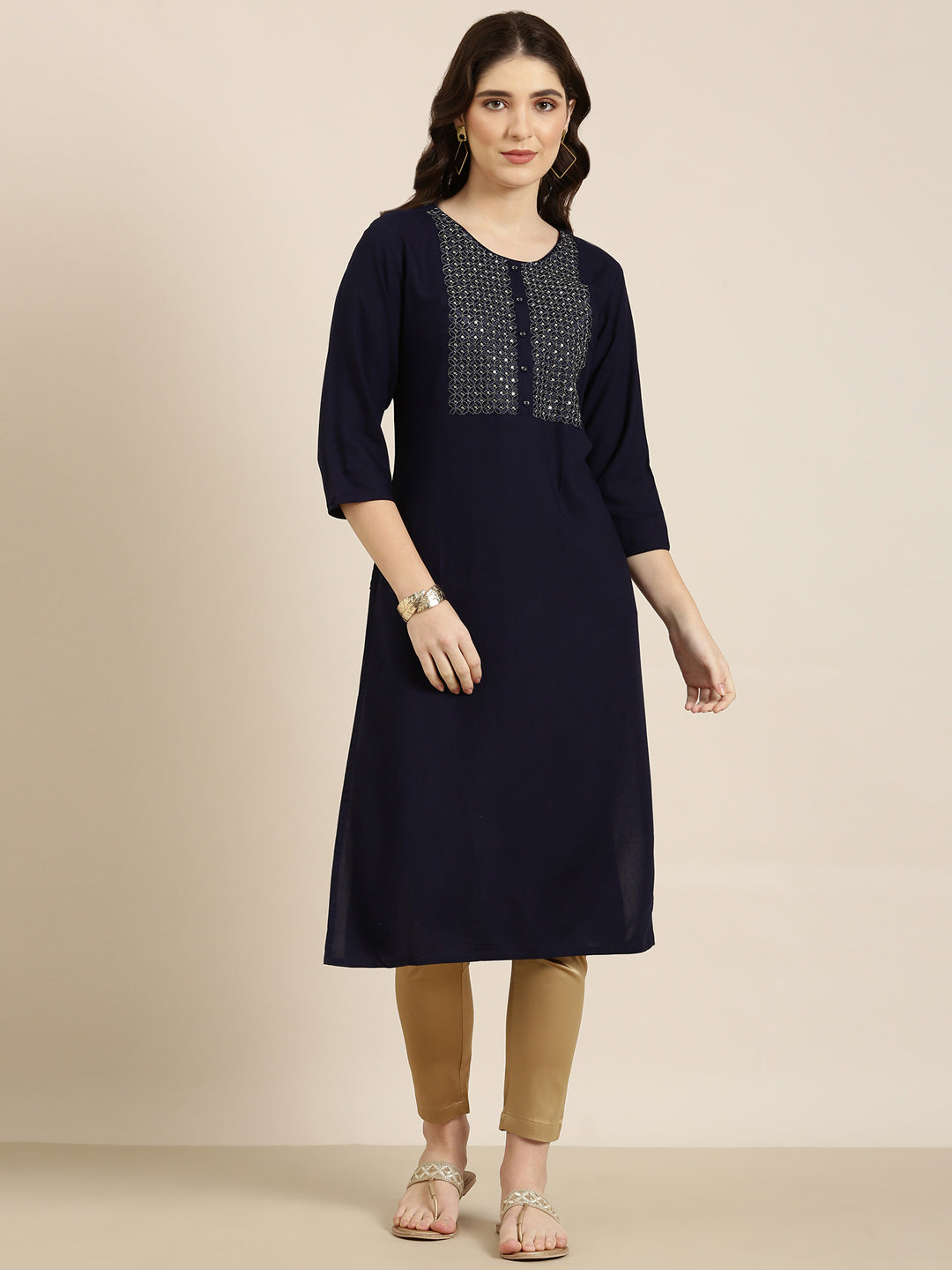 Women Navy Blue Solid Straight Kurta