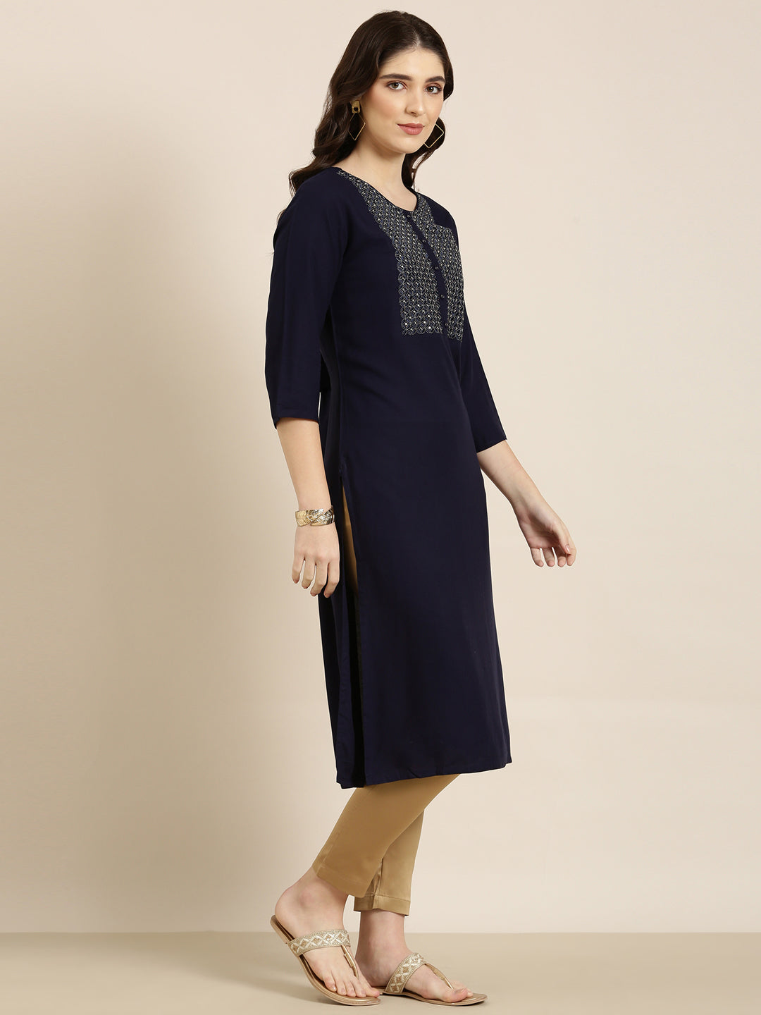 Women Navy Blue Solid Straight Kurta