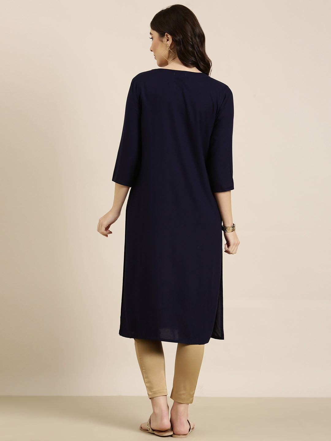 Women Navy Blue Solid Straight Kurta