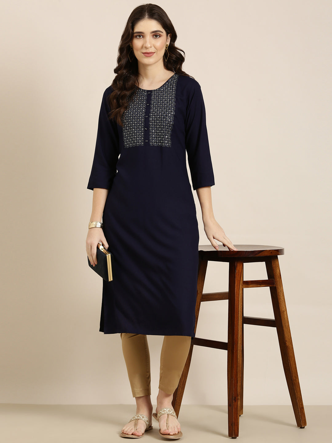 Women Navy Blue Solid Straight Kurta